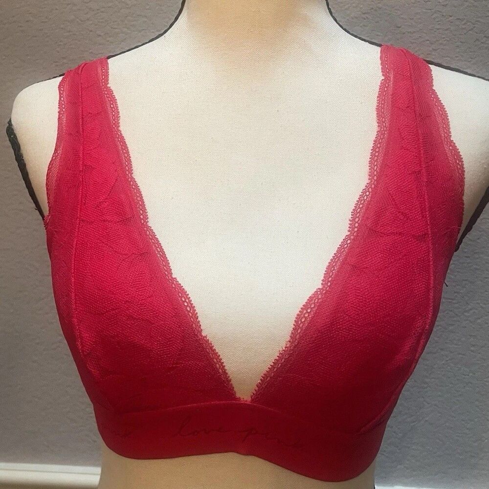 VS PINK Red Floral Lace Bralette Small Wireless Unlined Coquette Stretch Lace